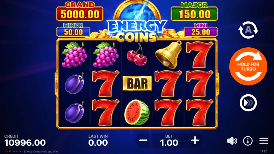 Energy Coins Hold and Win base game grid with fruit symbols and Wild