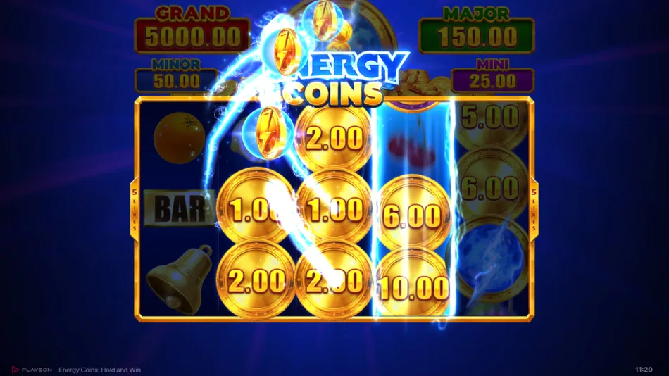 Energy Coins Bonus Game sticky coin symbols filling the 5x3 grid with respin counter