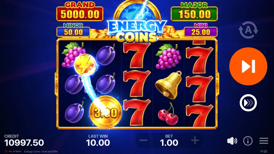 Grand Jackpot payout screen with a fully filled Energy Coins Bonus Game grid